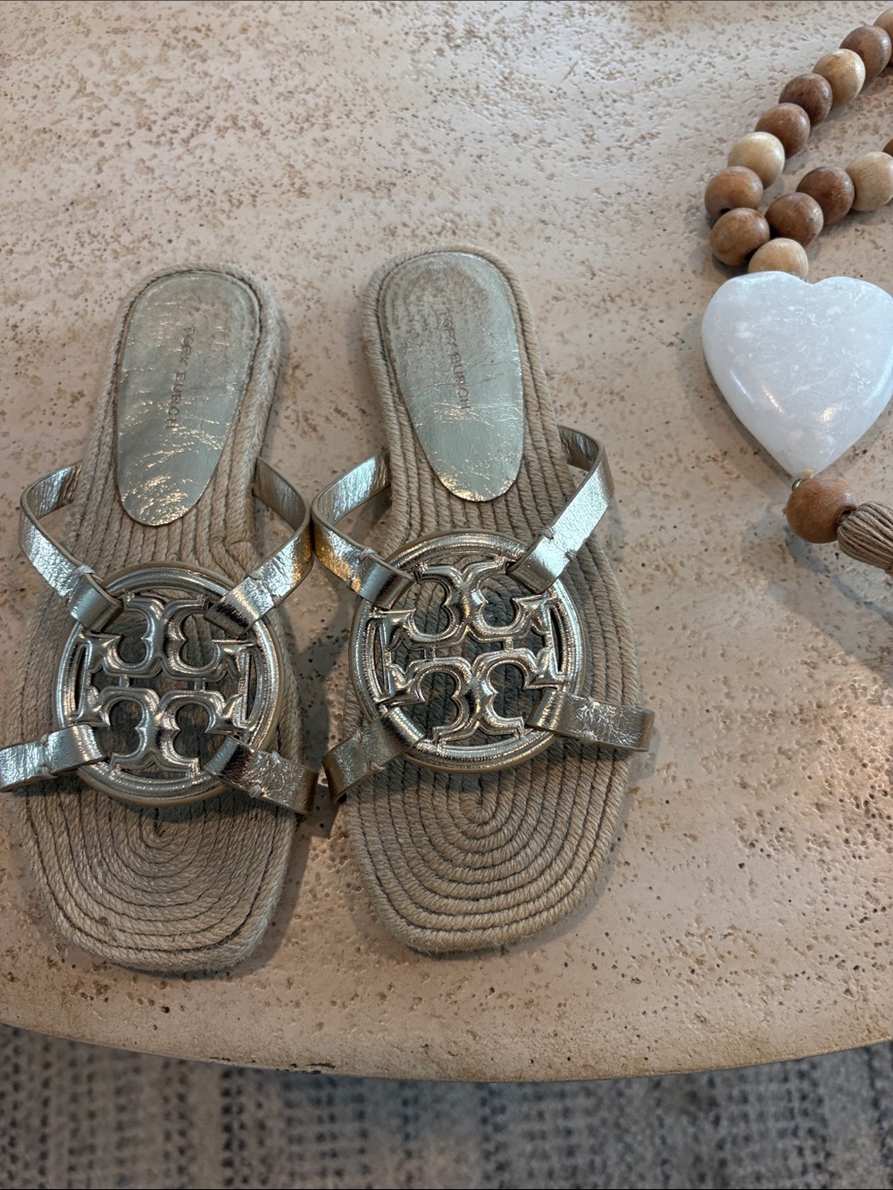 Tory Burch Metallic Gold Logo Raffia Slide Sandals